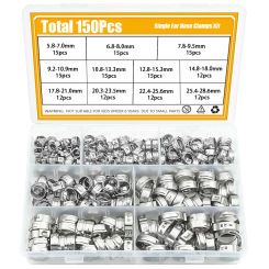 150pcs Hose Clamps 5.8-28.6mm Single Ear Stepless 304 Stainless Steel Hose Clamps Cinch Clamp Rings for Sealing Kinds