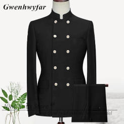 Gwenhwyfar Tailor-made African Style Wedding Groom Black Costume Stand Collar Gold Buttons Men Blazer Pants Casual Suits Daily