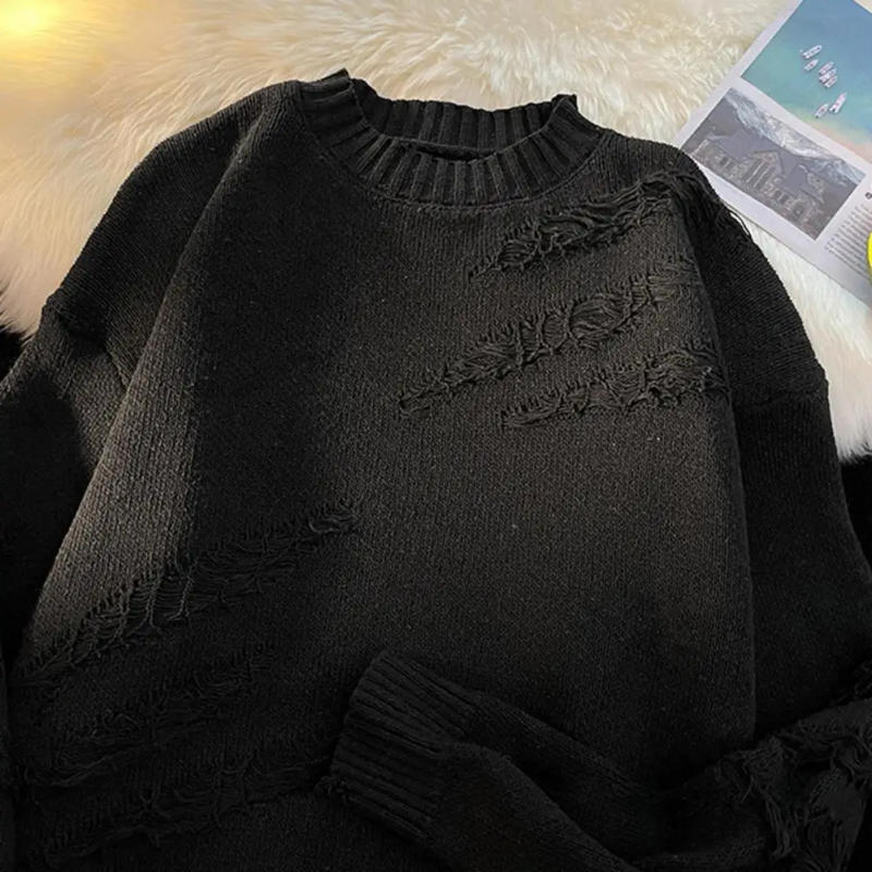 Description Picture 6 of itemMen's  Winter Sweater Round Neck Hole Solid Color Knitted Thickened Long Sleeve Pullover High Street Hip Hop Warm Sweater