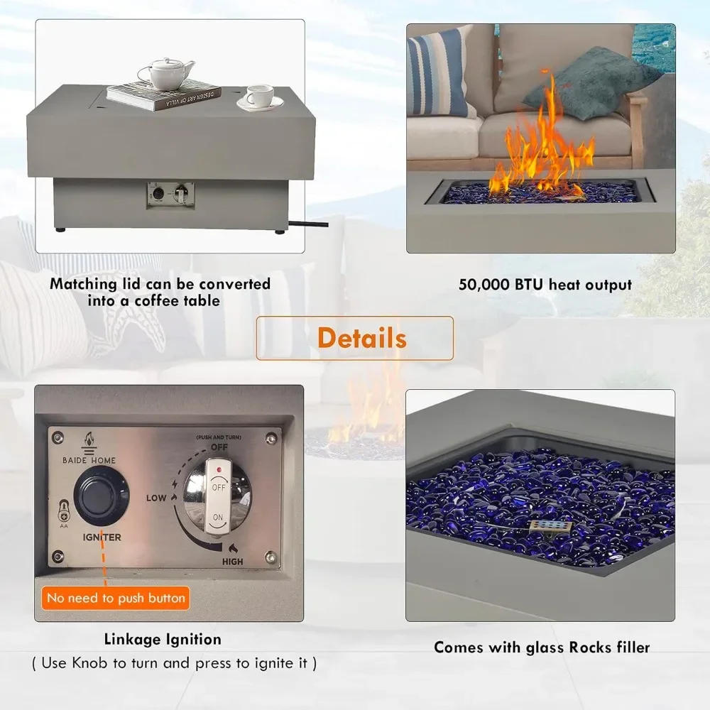 Description Picture 6 of itemPropane Fire Pit Table, 33-inch 50,000 BTU Outdoor Gas Fireplace for Patio, Square Low Profile Fire Table w/Lid, Glass Rocks