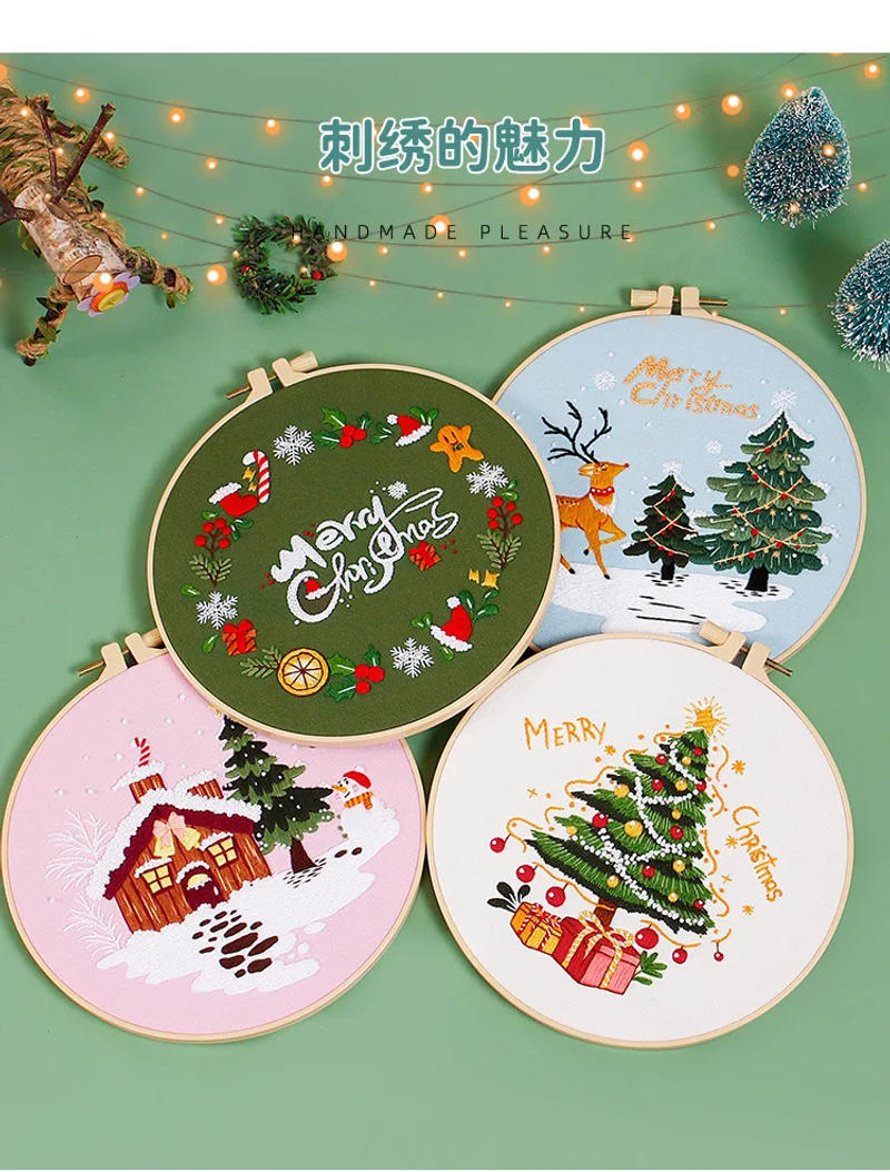 Description Picture 6 of itemEmbroidery Kit for Christmas DIY Wreath Printed Pattern Flower Cross Stitch Set Needlework Hoop Handmade Sewing Art Craft Kit
