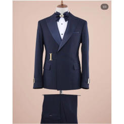 Navy Men Suits With Buckle Peaked Lapel Wedding Groom Prom Male Clothing Tailored Made Costume Homme 2 Pcs Jacket Black Pants