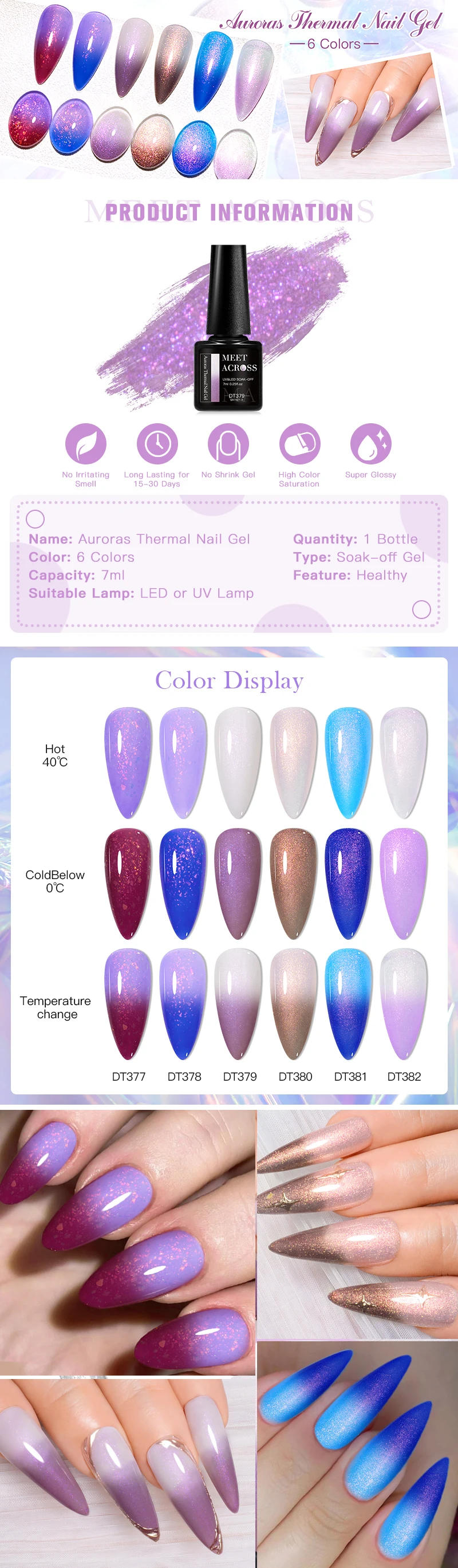 Description Picture 2 of item7ml Auroras Thermal Gel Nail Polish Purple Nude Glitter Sparking Temperature Color Changing Semi Permanent Nail Art Gel Varnish