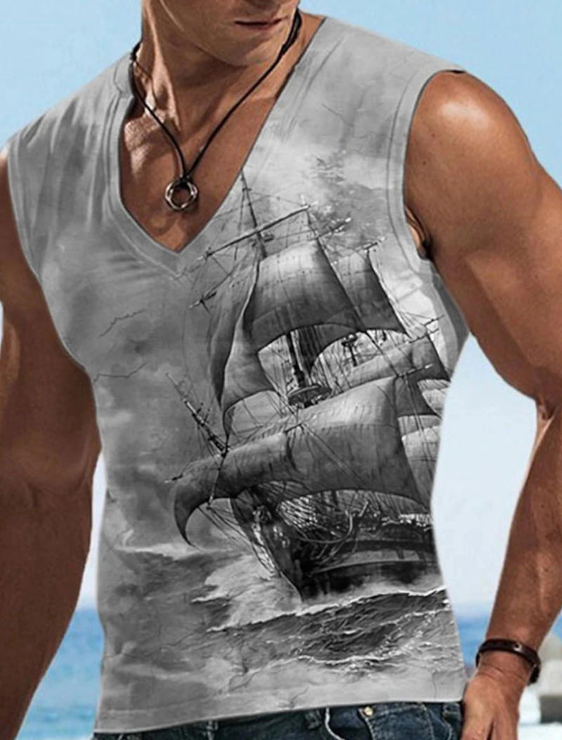 Description Picture 3 of itemMen\'s Bottom Shirt Pattern Boat Rudder V-Neck 3D Outdoor Street Sleeveless Printed Clothing Athletic Casual Big & Tall Tank Top