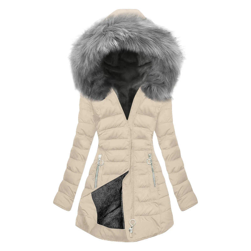 Description Picture 5 of itemWomens Furry Lined Hooded Down Coats Plus Size Mid Length Quilted Jacket Warm Winter Outerwear Streetwear Windproof Plush Jacket