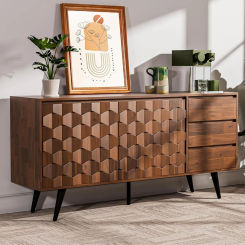 Sideboard Georgina Solid Wood Doors &  Drawers,  Mid Century Modern Cabinet with Geometric Pattern for Living Room