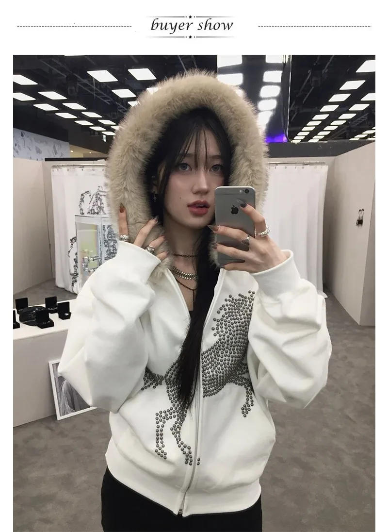 Description Picture 3 of itemKarrram Japanese Y2k Fur Coat Vintage Korean Style Studded Horse Graphic Hooded Jacket Grunge Aesthetics Fur Collar Zipper Coat