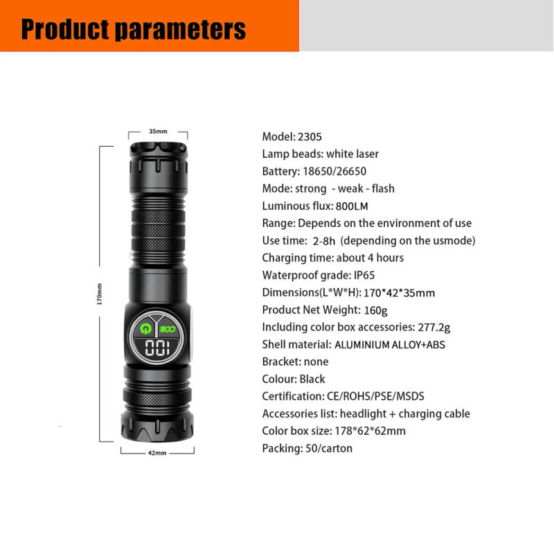 Description Picture 4 of itemHigh Power Spotlight Long Range LED Flashlight With Side COB Light Type-C Charging Zoomable Aluminum Alloy Torch Lantern