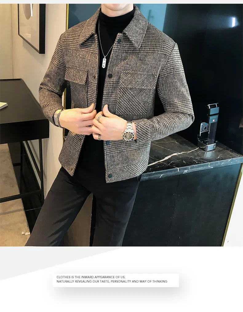 Description Picture 4 of item2024 Plaid Jackets Men  Wool Trench Coat Jacket Outwear Casual Slim Fit Thicker Winter Jackets High Quality Coat