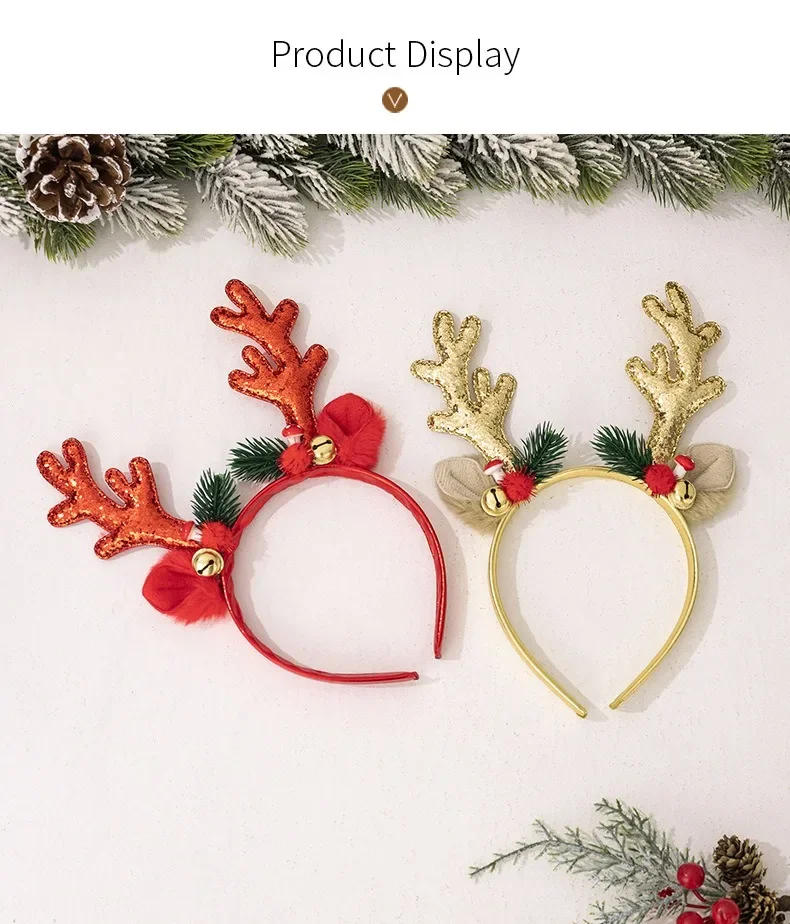 Description Picture 2 of itemChristmas Elk Bell Headband Deer Antlers Hair Dress Xmas Pine Needles Headwear Merry Christmas Photo Prop Happy New Year 2025