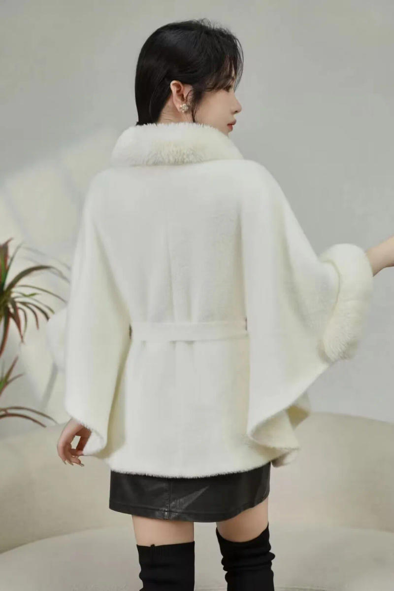 Description Picture 4 of itemWinter Women Faux Woolen Cardigan Button Overcoat Long Poncho Cloak Coat Faux Rabbit Fur O Neck Loose Topcoat With Belt Ball