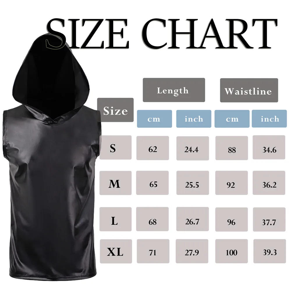 Description Picture 4 of itemMens PU Leather Undershirts Sleeveless T Shirts Hooded Tops Male Black Tank Tops Nightclub Stage Club Sexy Vests Men Clothes New