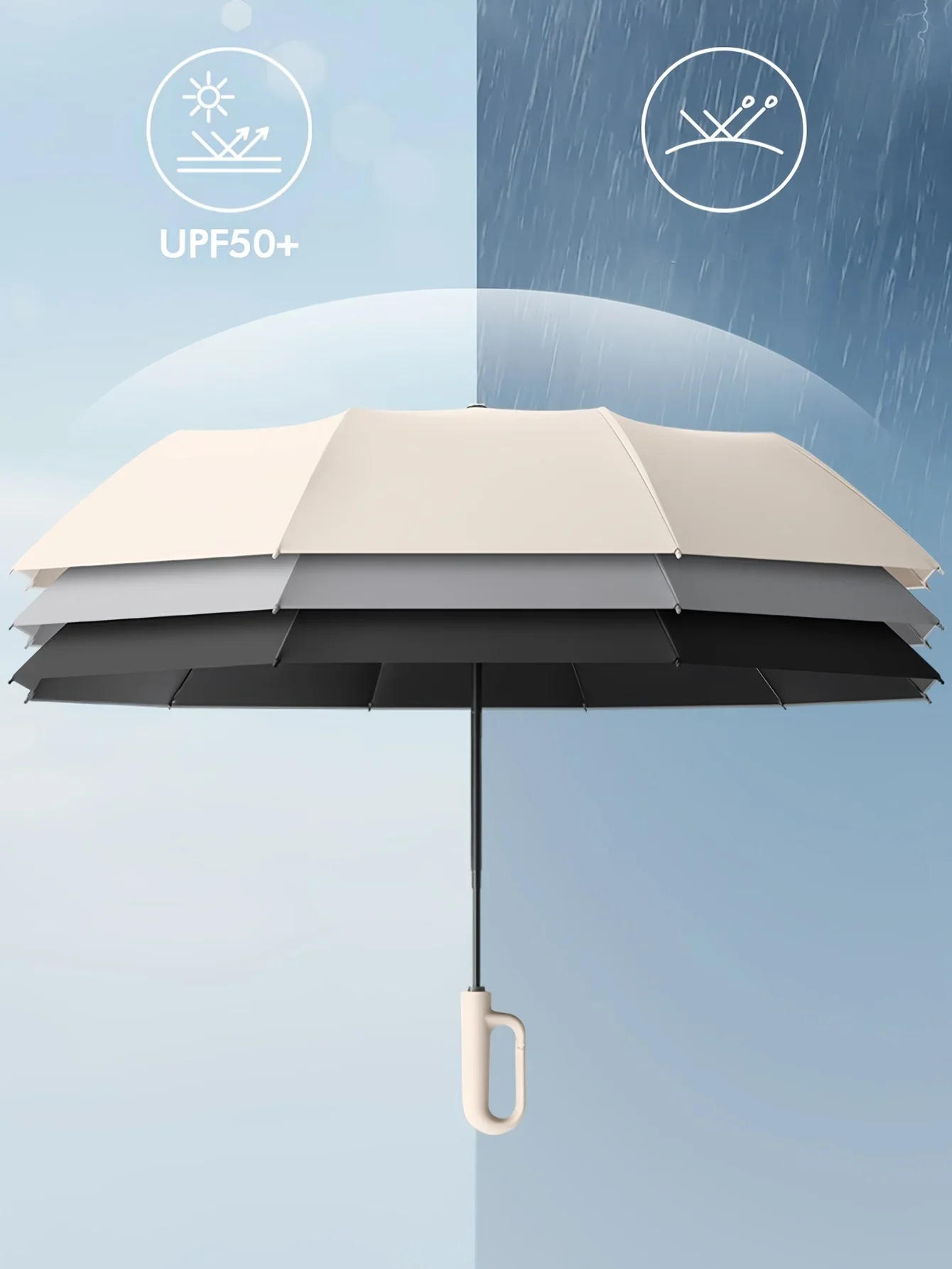 Description Picture 6 of item30 Bones Windproof Strong 105CM  Automatic Folding Umbrella for , Large Buckle Handle Wind and Water Resistant