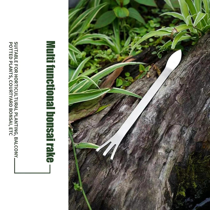 Description Picture 3 of item1Pc Stainless Steel Root Rake Bonsai Potted Plants 3-Prong Loosen Soil Tool Handheld Rustproof Rake Home Gardening Tool