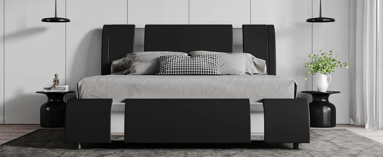 Description Picture 2 of itemKing Size Bed Frame with Iron Pieces Decor and Adjustable Headboard/Deluxe Upholstered Modern Platform Bed with Solid Wooden Sla