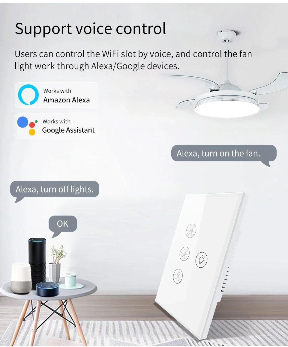 Description Picture 4 of itemTuya Smart WiFi Ceiling Fan Light Switch Interruptor With Neutral Wire Speed Adjust Voice Control Works With Alexa Google Home