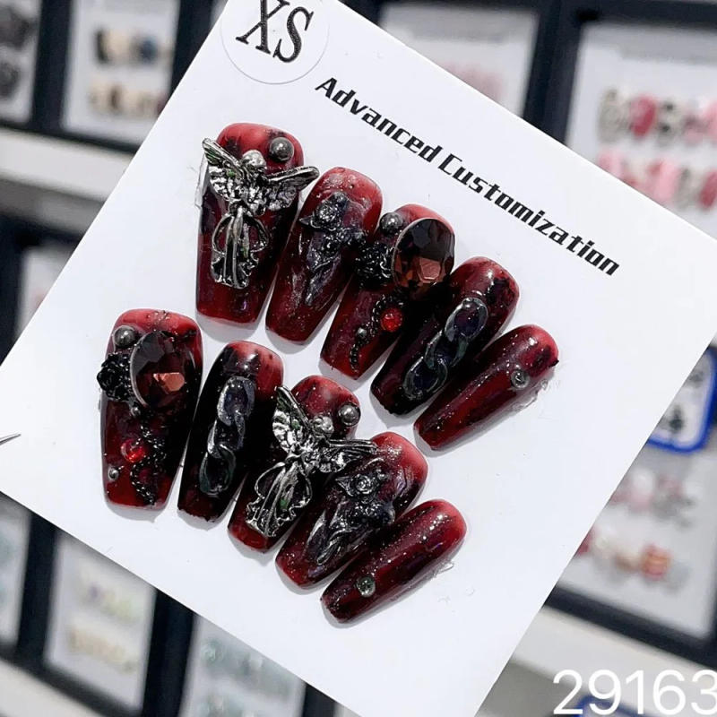 Description Picture 2 of itemHandmade Y2k Press on Nails Goth Style Black and Red Halloween Fake Nails with Design Full Cover Long Coffin Acrylic Nail Tips