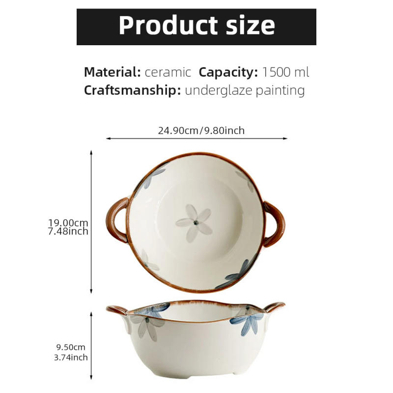 Description Picture 3 of item1500ml Household Noodle Bowl Ceramic Soup Bowl With Handle Salad Pasta Bowl Kitchen Tableware Microwave Oven Bakware