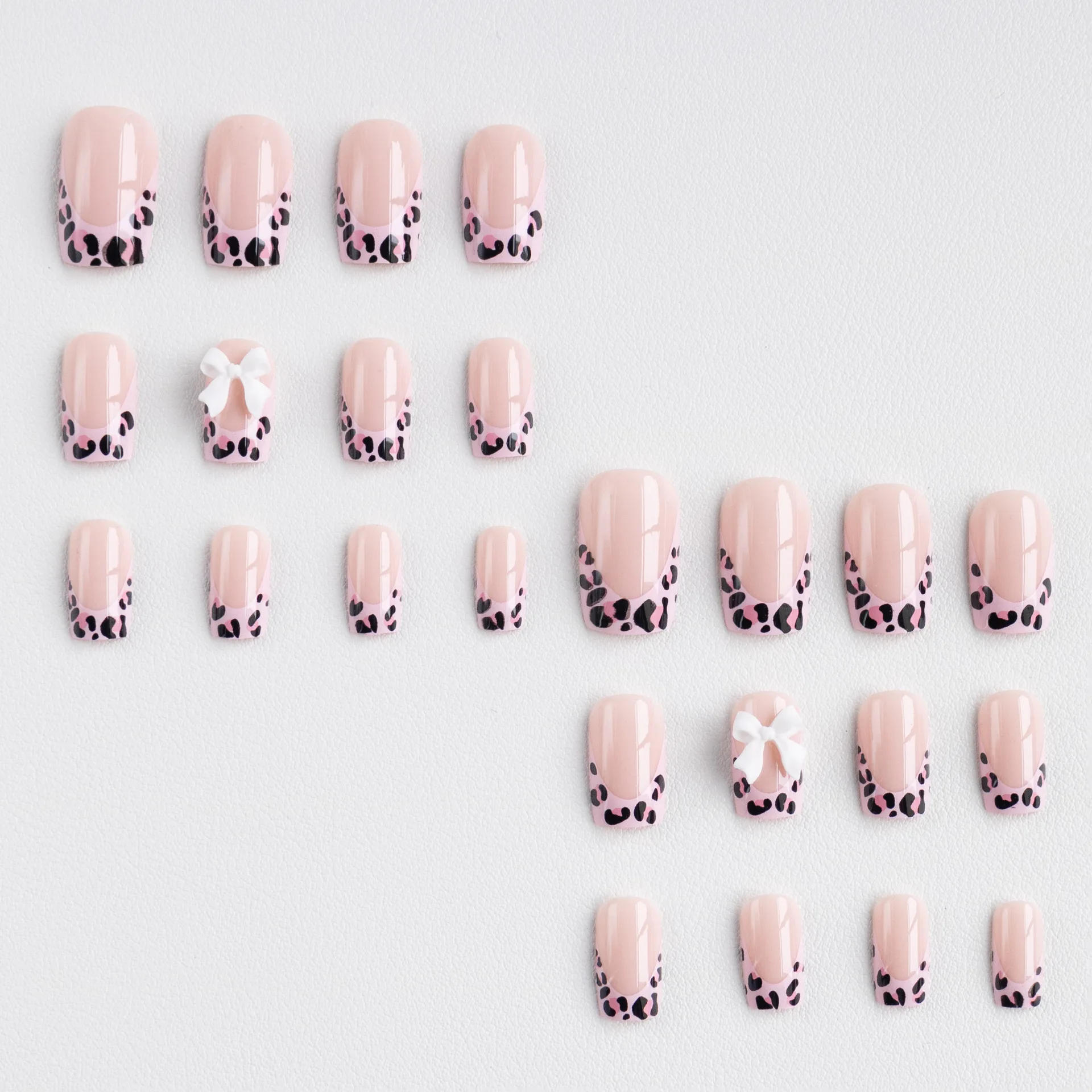 Description Picture 6 of item24Pcs Mid Long Pink Leopard Fake Nails with Bow Design Press on Nails Square Wearable French False Nail Full Cover Manicure Tips