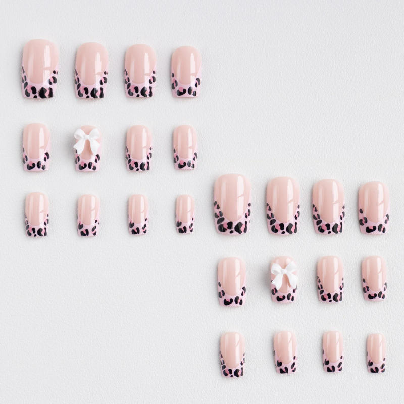 Description Picture 6 of item24Pcs Mid Long Pink Leopard Fake Nails with Bow Design Press on Nails Square Wearable French False Nail Full Cover Manicure Tips