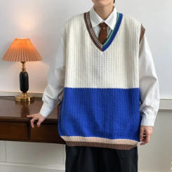 Autumn New Style Men's V-neck Knitted Topvest Hongkong Trendy Color Block Couple Model Loose Fit Sweater Casual Scene