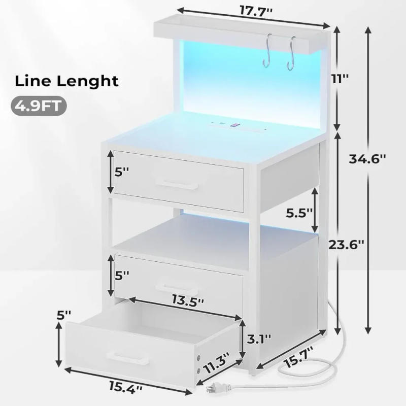 Description Picture 5 of itemNightstand with Charging Station and LED Lights, LED Night Stand with 2 USB Ports and 2 AC Outlets, Modern End Table with 3 Draw