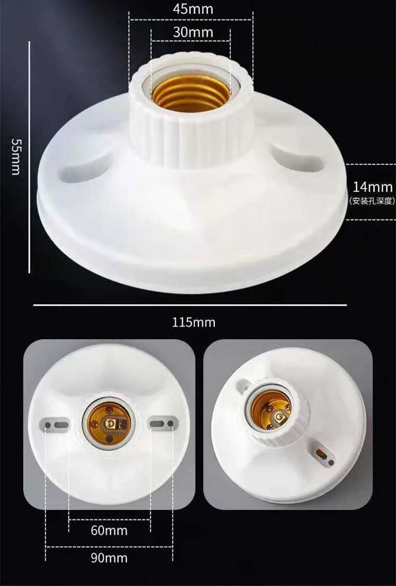 Description Picture 3 of item10pc Screw Surface Mounted Led Bulb Base Bakelite Liner Paperback Lamp Holder 115mm E27 Socket Converter 6A Lighting Accessories