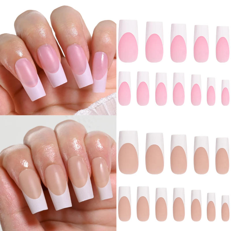 Description Picture 3 of item120pcs/bag Medium Square White French Tips Matte Brown Press on Nails 3 in 1 Pre-lasting Nude Artificial False Nails Tip 10 Size