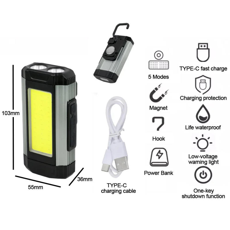 Description Picture 2 of item1/2/4PCS Magnetic COB Work Light USB Rechargeable LED Flashlight Portable Lantern Camping Light Type-C Power Bank Function Lamp