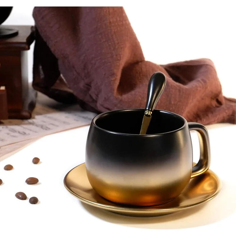 Description Picture 3 of itemEuropean Style Tea Coffee Cup Set Black Gold Gradual Vintage Ceramic Cup Coffee Mug With Spoon&Saucer Set Used