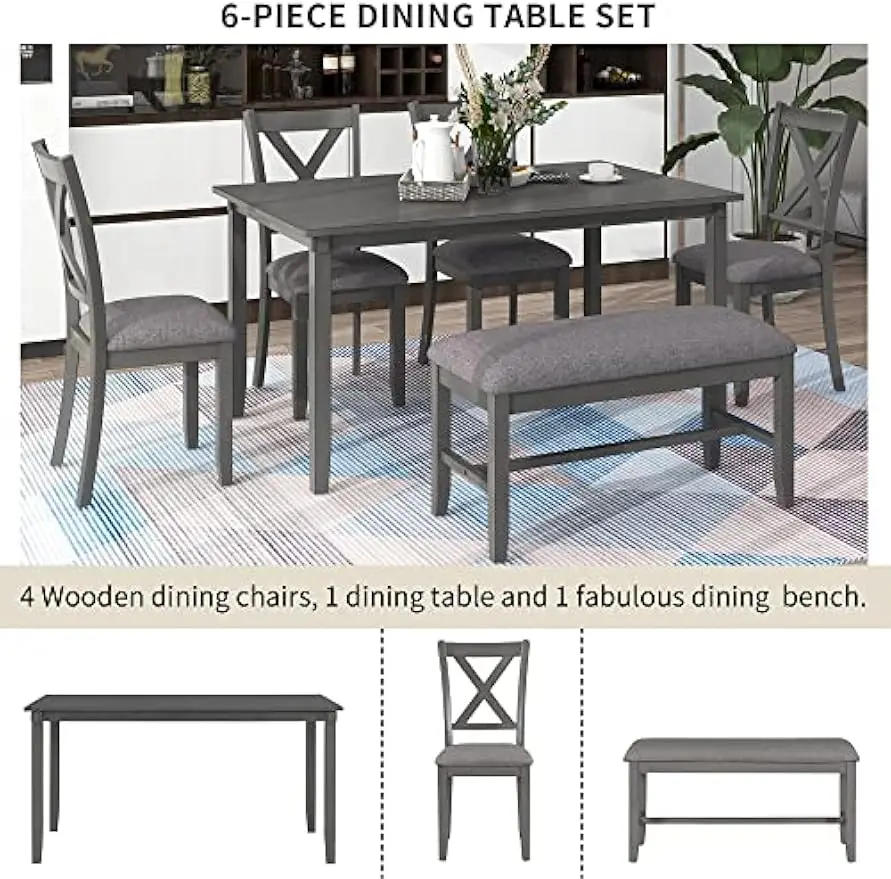 Description Picture 6 of item6 Piece Dining Table Set, Wood Dining Dinette Table and 4 Chairs with 1 Bench with Cushion, Rustic Style Kitchen, Dining Tables