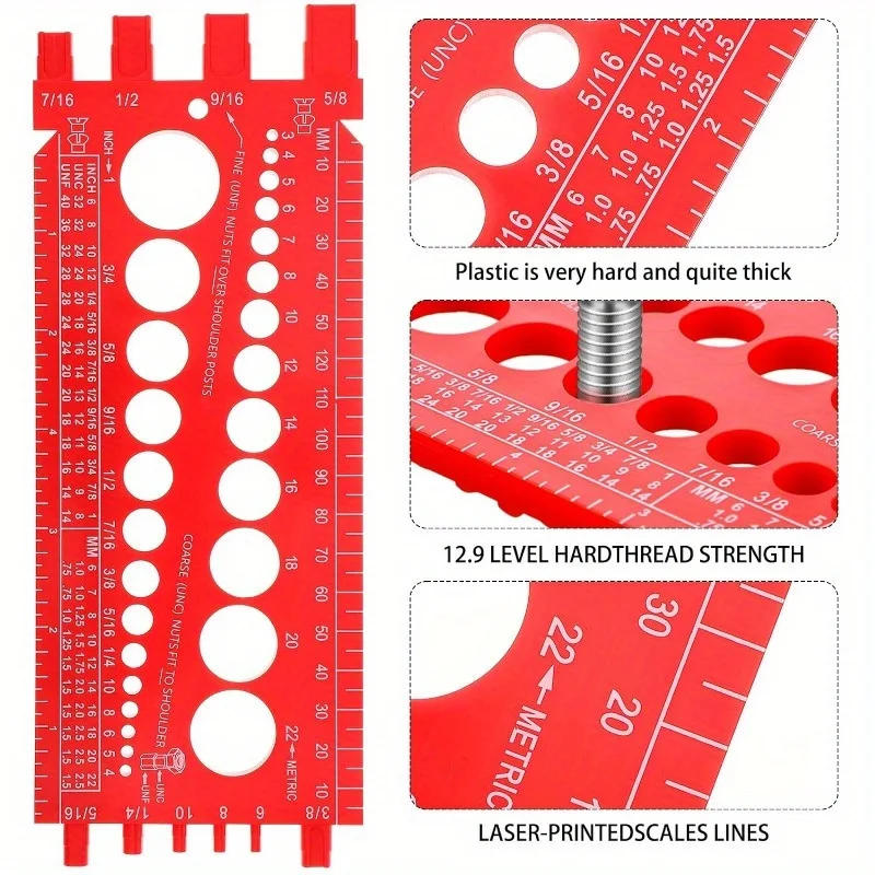 Description Picture 6 of itemRed Plastic Nut & Bolt Thread Gauge Checker - Easy-To-Use Identifier With Inch And Metric Rulers