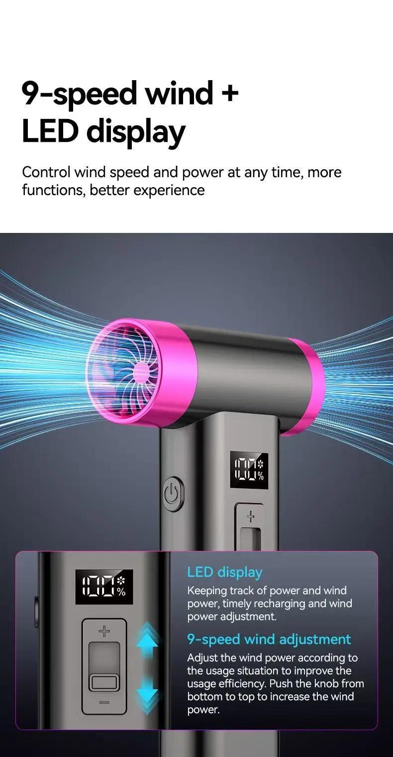 Description Picture 4 of itemPortable Wireless Hair Dryer Multifunctional Air Duster Travel USB Rechargeable 110000RPM High Speed Blow Dryer Only Cold Wind
