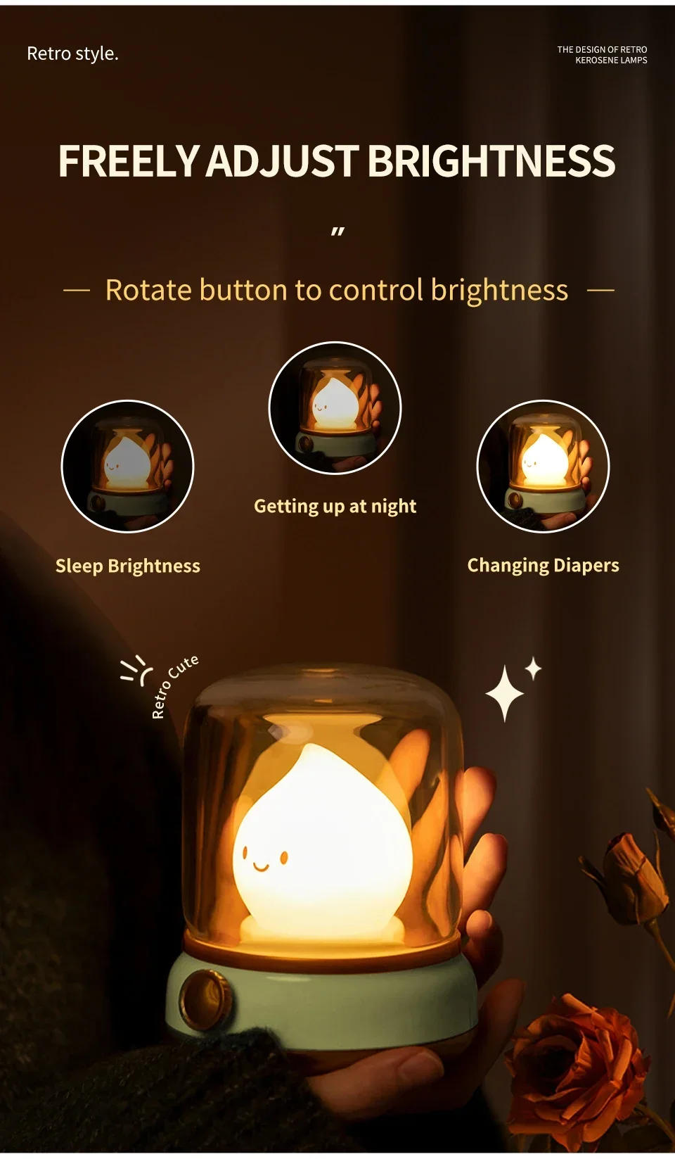 Description Picture 4 of itemCreative LED Night Light Mini Cute Kerosene Lamp Rechargeable Dimmable Table Lamp for Kid's Gift Home Desktop Decor Light