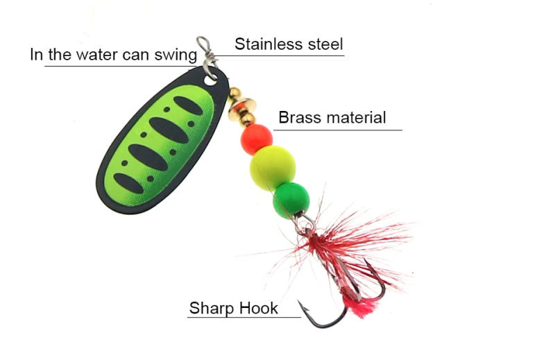 Description Picture 6 of itemFishing Lure Spinner Bait 5.5g 9g 12.5g Spoon Lures Metal Bass Hard Bait With Feather Treble Hooks Wobblers Pike Tackle