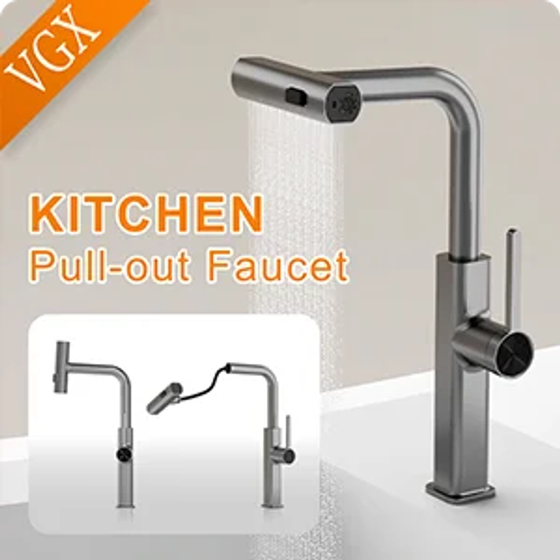 Description Picture 3 of itemVGX Kitchen Faucet Sink Faucets Rubber Pull Down Stream Sprayer Taps Rotatable Kitchen Mixer Water Tap Hot Cold Crane Brass Grey