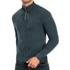 Men Fall Winter Sweater Zipper Half-high Collar Knitted Soft Warm Elastic Casual Pullover Striped Men Mid Length Sweater