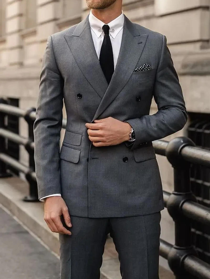 Description Picture 3 of itemGrey Formal Double-Breasted Men Suit 2 Pieces Smart Business Wedding Groomsman Blazer Set and Suit Pants Slim Fit Custom Tuxedo