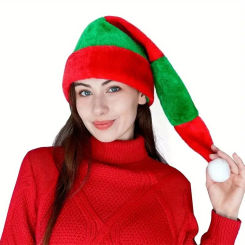 Cute Plush Elf Hat Red Green Stripes Christmas Party Hat for Adult Holiday Cosplay Costume Props Accessory