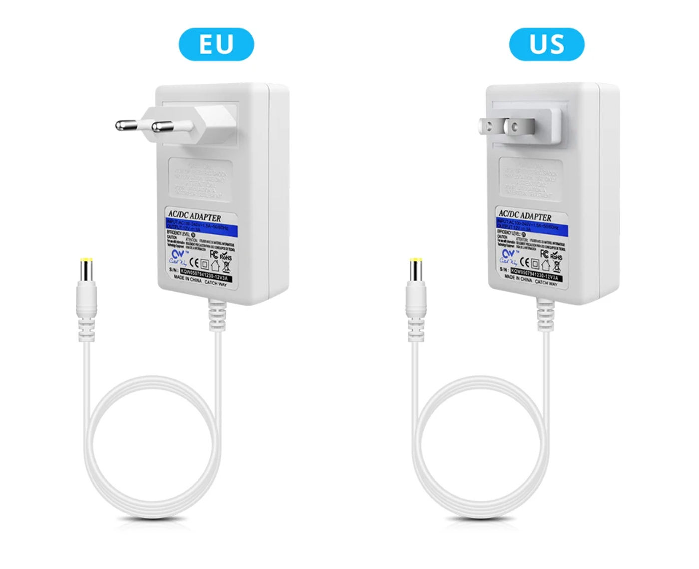 Description Picture 5 of itemUniversal Power Adapter Charger, AC 110V, 220V to DC12V, 2A, 3A, Power Supply, EU, US Plug, 12 Volt, 5.5x2.1mm, White Shell