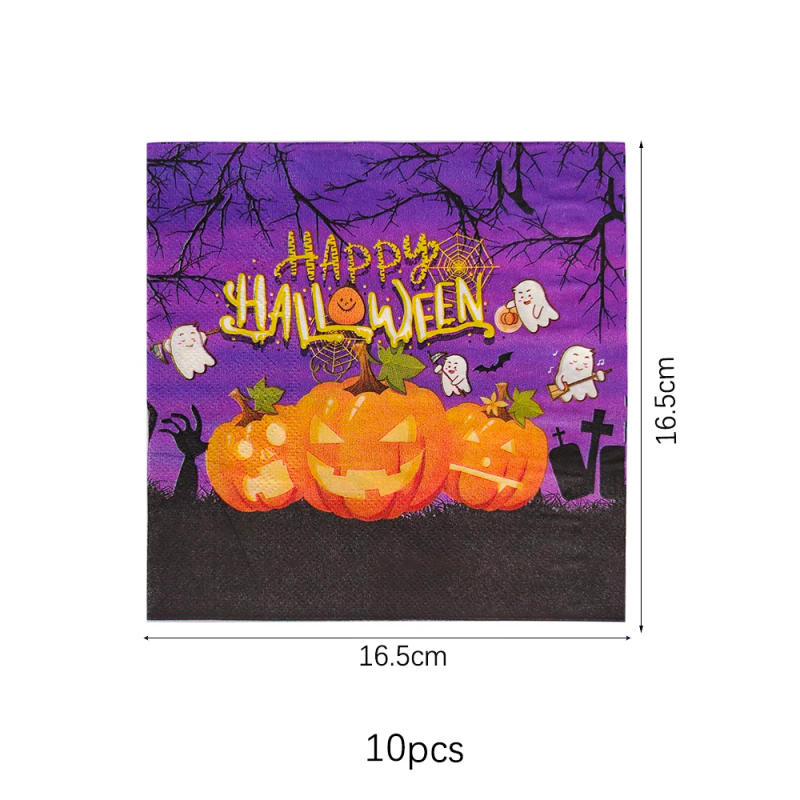 Description Picture 5 of itemHappy Halloween Party Disposable Tableware Pumpkin Pattern Purple Paper Plates Napkins Cups Straws Trick or Treat Decorations