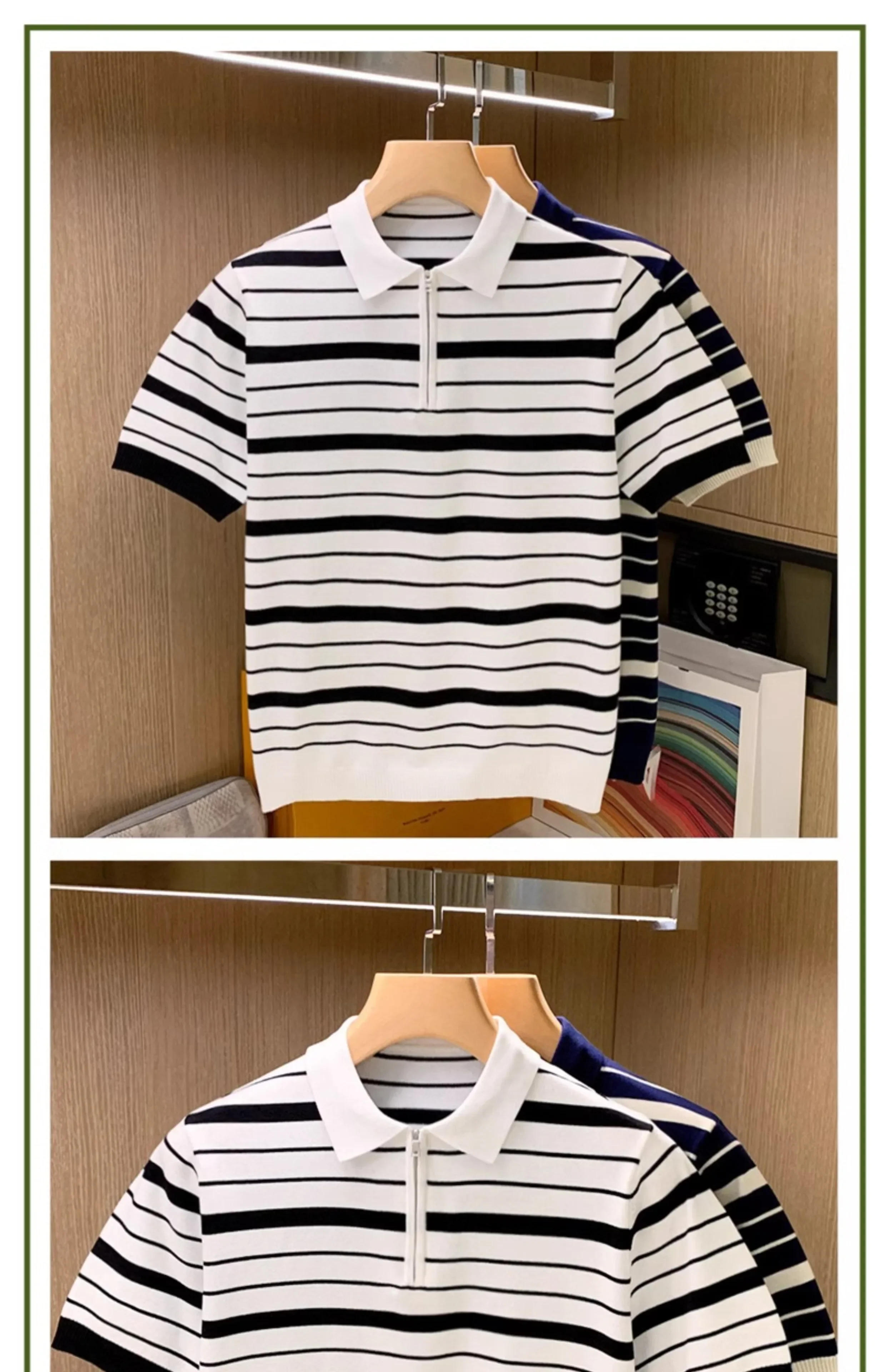 Description Picture 6 of itemKorean Style Fashion Men's Polo Shirt Short Sleeve Lapel Shirts Casual Sport Mens Streetwear Stripe Contrast Polos -shirts W48