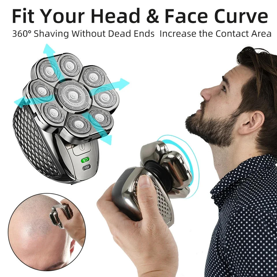 Description Picture 6 of itemMen's Bald Head Electric Shaver 9 Blades Floating 6In1 Heads Beard Nose Ear Hair Trimmer Clipper Facial Brush Rechargeable Razor