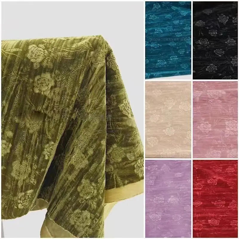 Description Picture 4 of itemMicro Elastic Embossed Velour Fabric By Meters for Dresses Hanfu Cheongsam Sewing Chinese Style Rose Pattern Velvet Textile Soft