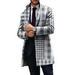 Men Coat Stylish Plaid Print Trench Coat for Men Lapel Long Sleeve Cardigan with Pockets Windproof Business Style for Fall