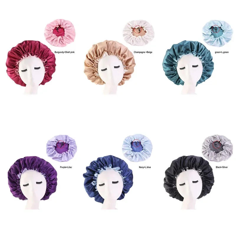 Description Picture 2 of itemReversible Satin Bonnet Hair Caps Double Layer Adjust Sleep Night Cap Head Cover Hat For Curly Springy Hair Styling Accessories