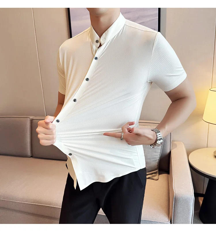 Description Picture 4 of itemSummer High Quality New Solid High Elasticity Seamless Short Sleeve Shirts Men Slim Social Casual Business Formal Dress Shirt