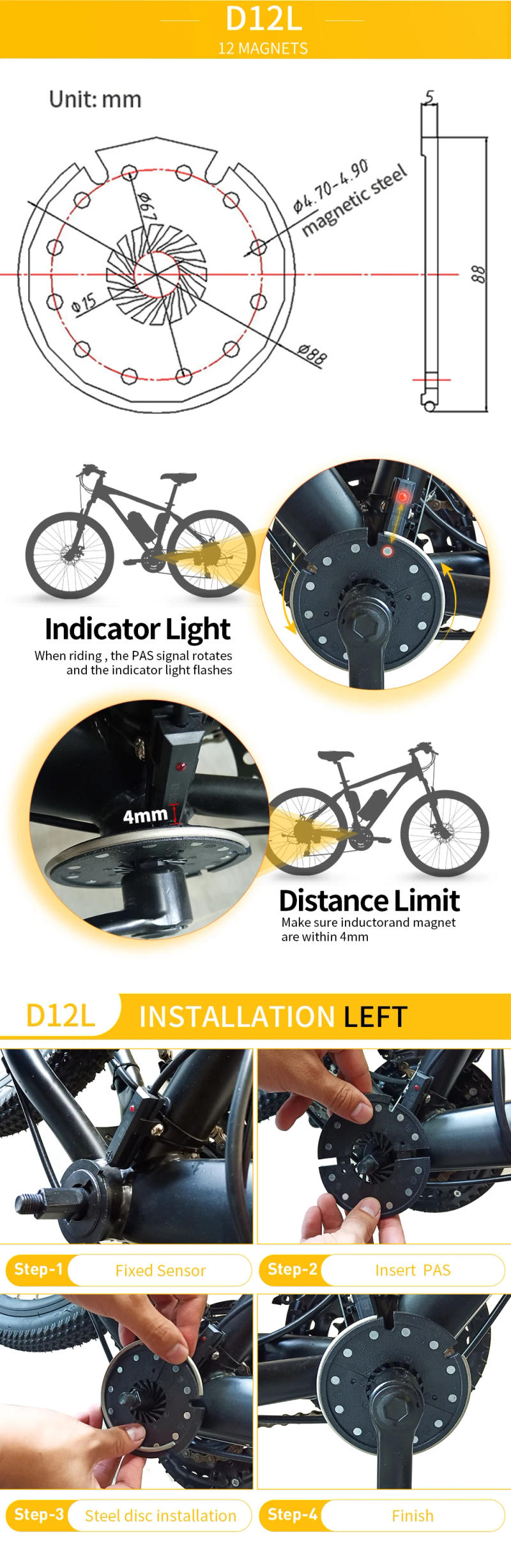 Description Picture 6 of itemEbike KT PAS Pedal Assistant Sensor BZ-4/V12L/D12L/10C 8/12 Magnet Ebike 36V/48V/52V PAS for Electric Bicycle  Conversion Kit