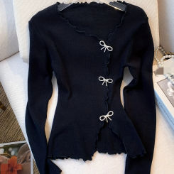 2024 Black/White Solid Lettuce Trim Bowknot Pullover Sweater Y2K Casual Long Sleeve Sweater For Spring & Fall Women's Clothing