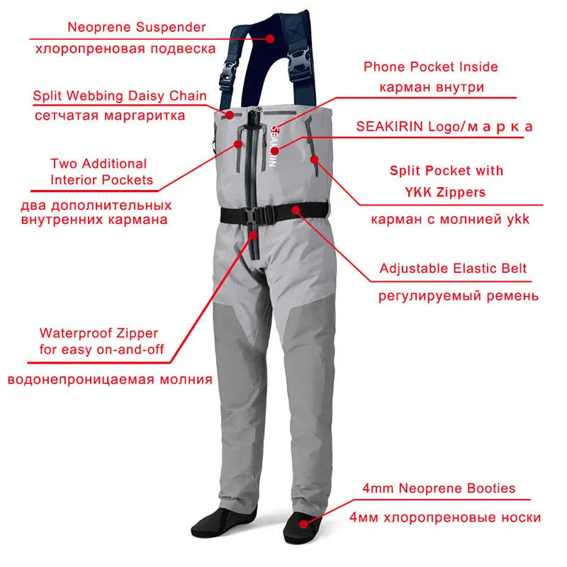 Description Picture 4 of itemBreathable Zip-Front Chest Fishing Waders Waterproof Zippered Stockingfoot Waders Welded Seams Upstream Wading Gear for Hunting